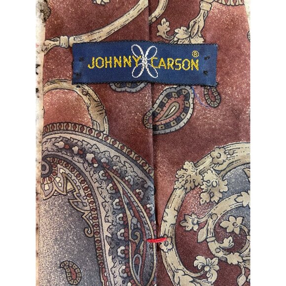 Vintage Johnny Carson Mens Silk Neck Tie Italian Burgundy Gray Tan Paisley - Picture 6 of 6